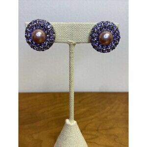 Joan Rivers Purple Rhinestone & Faux Light Purple Pearl Clip On Earrings